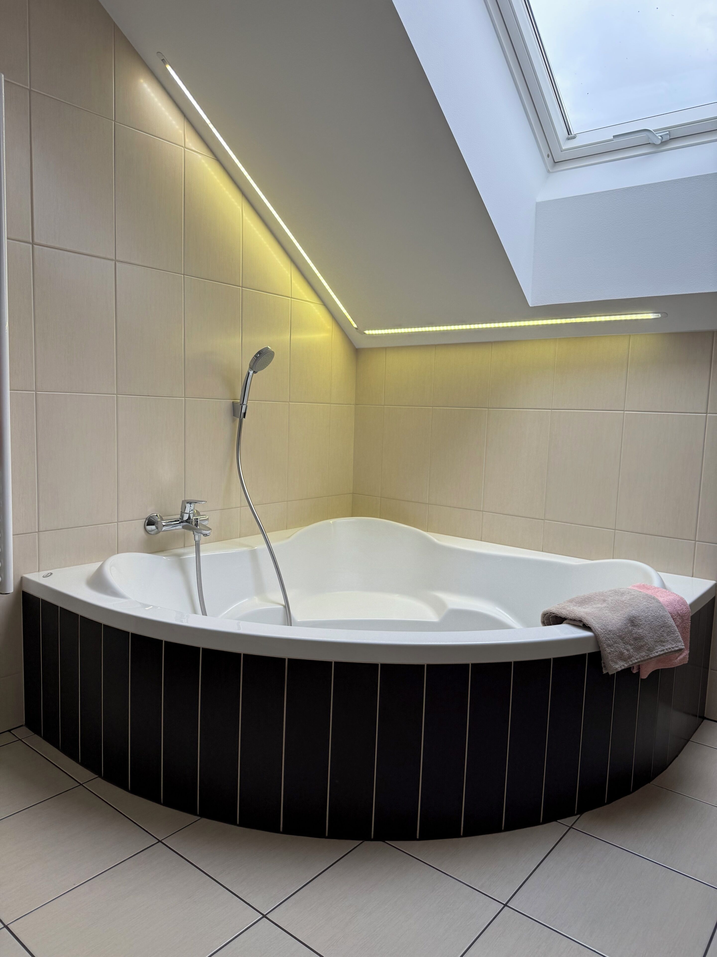 A modern bathroom with a freestanding bathtub, a showerhead, and a skylight.