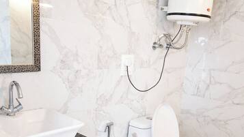Shower, rainfall showerhead, slippers, bidet
