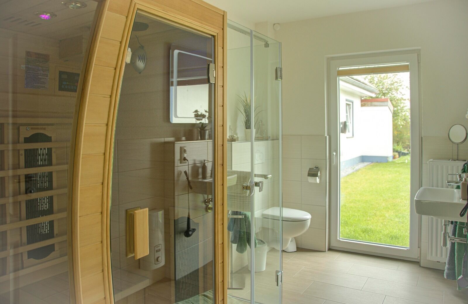 Shower, hair dryer, soap, toilet paper