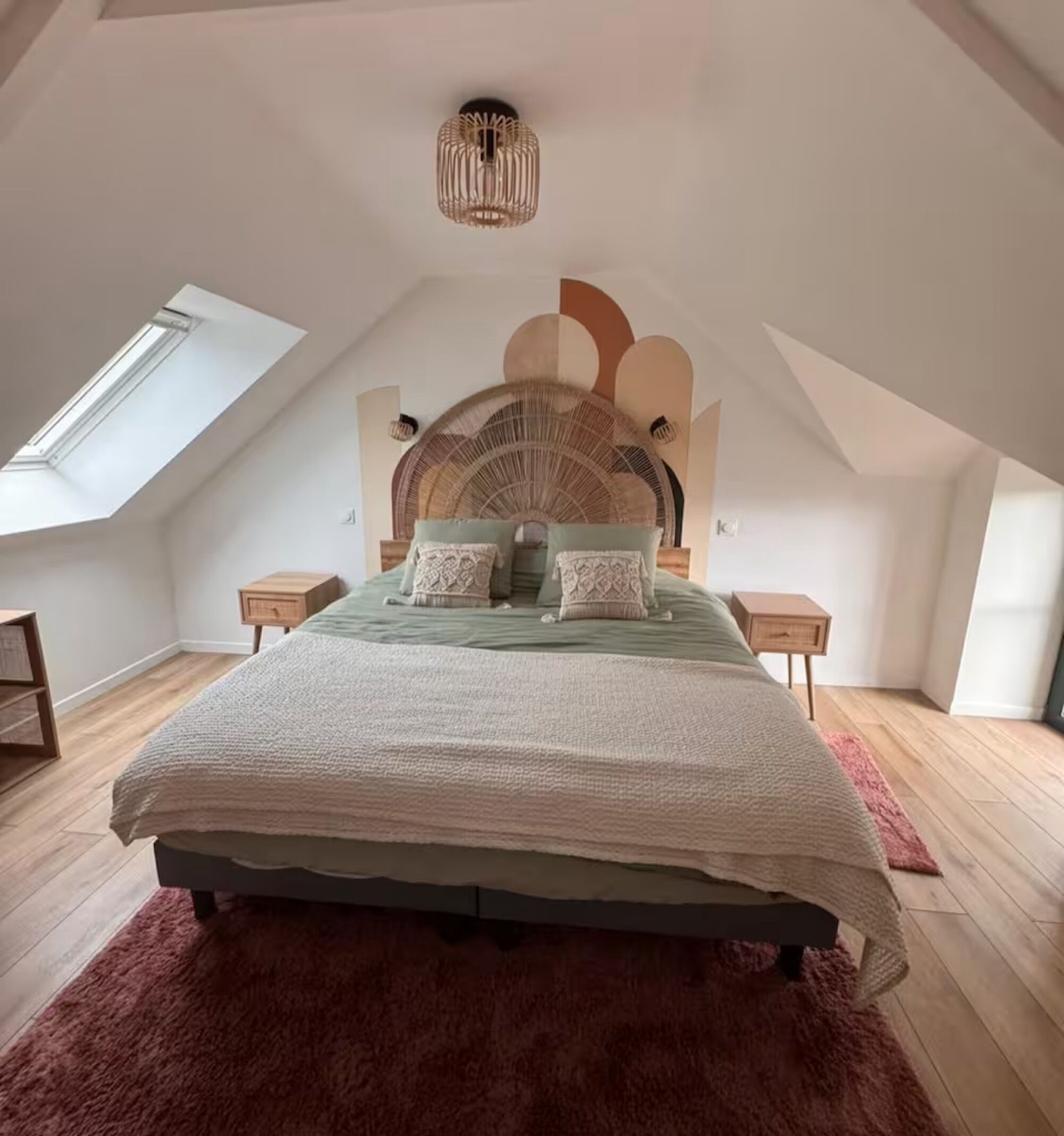 Een slaapkamer met een schuine kap, dakraam, een bed met groene dekbedovertrek, twee nachtkastjes en een geweven hoofdbord.