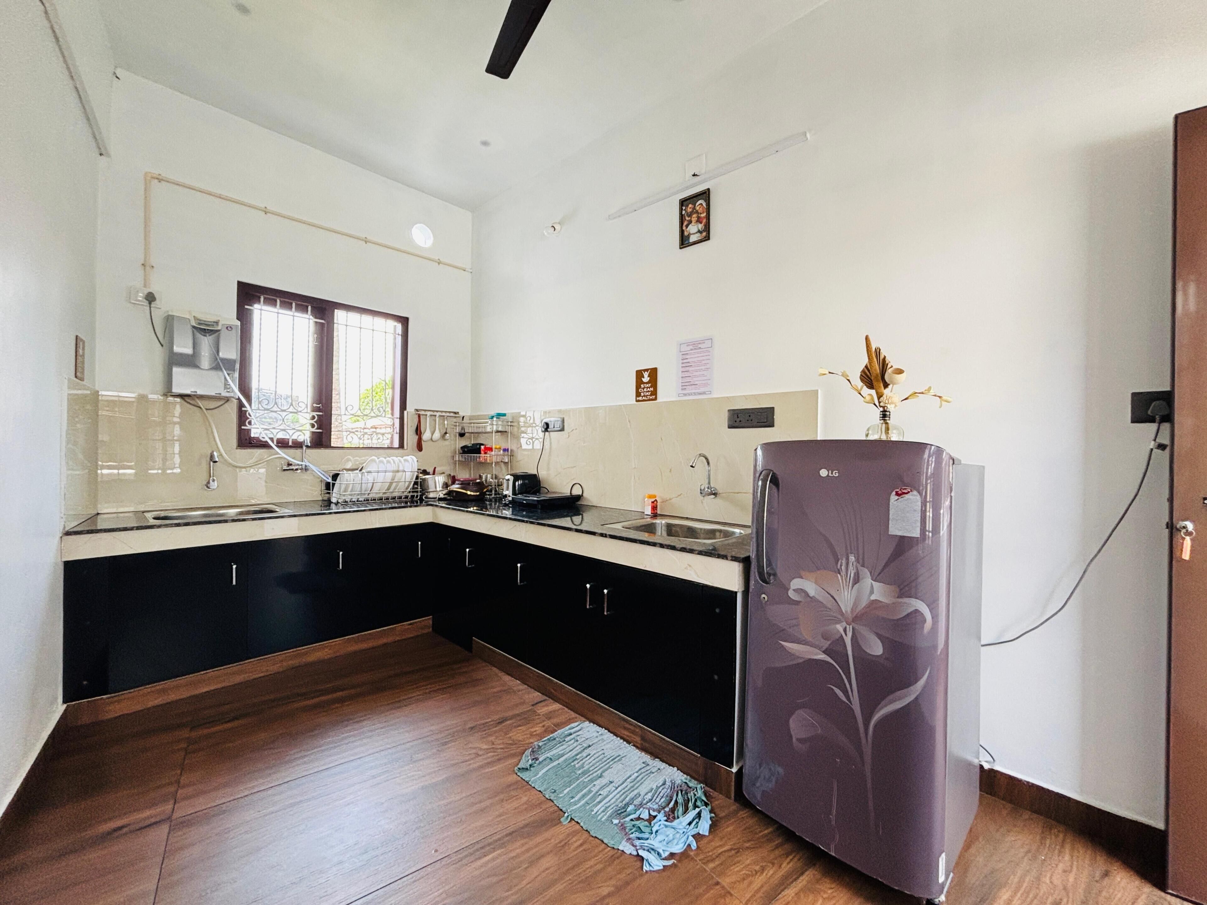 Fridge, electric kettle, toaster