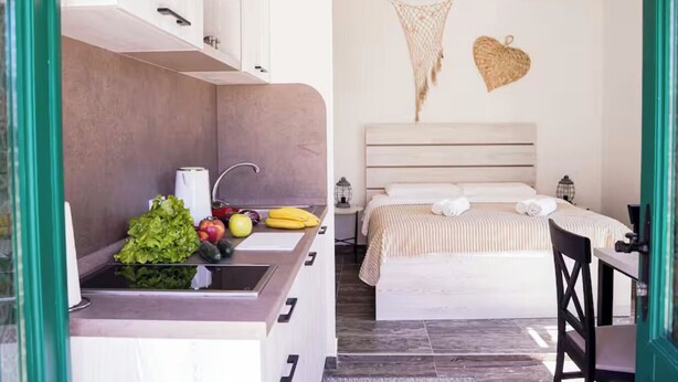 A compact room with a kitchenette, a bed with a striped bedspread, and two wall decorations.