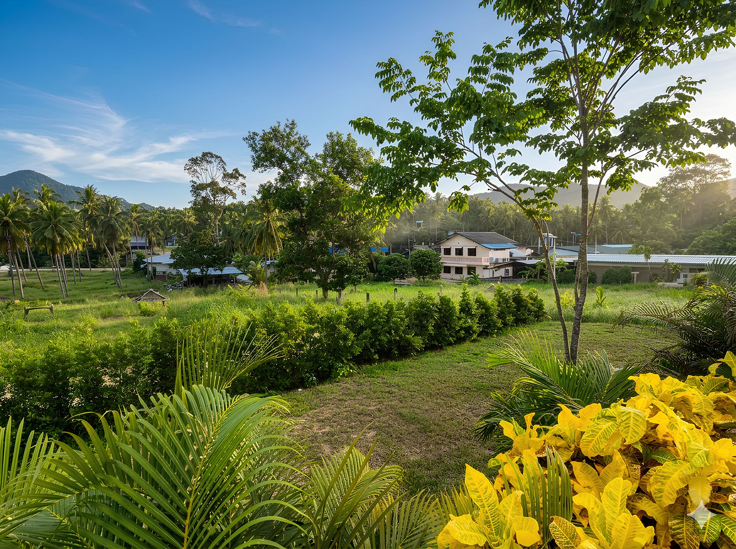 A residential area with houses, lush greenery, and a clear sky.