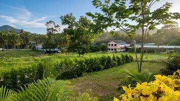 A residential area with houses, lush greenery, and a clear sky.