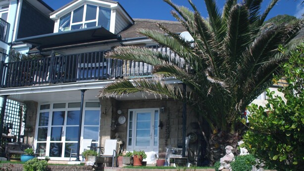 A two-story house with a balcony, large windows, and a palm tree in the garden. - Seaside Cottage facing south overlooking Ventnor beach (Ventnor)