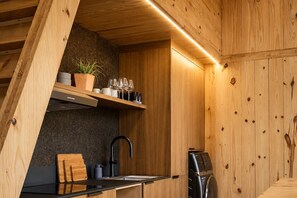 A compact kitchen with a built-in stove, a sink, a countertop, and a wall-mounted shelf with wine glasses and a potted plant. - Mori House at The Retreat at Water's Edge (Tracy City)