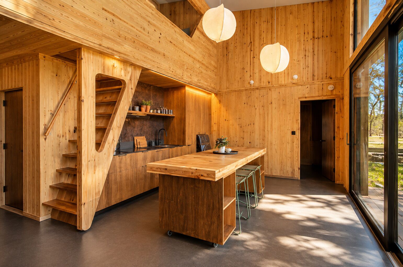 A modern kitchen with wooden walls, a central island, and a staircase.