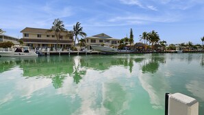 Een pand aan het water met een jachthaven, een groot huis met plat dak en palmbomen.