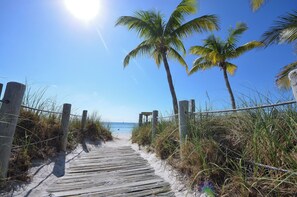 Ein hölzerner Steg führt zu einem Strand mit Palmen und blauem Himmel.