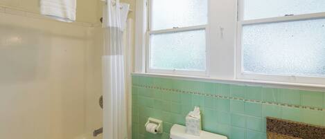 Une salle de bain avec des toilettes, un rideau de douche et une fenêtre.