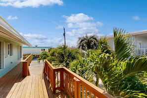 A wooden deck leading to a building with a green roof, surrounded by lush tropical plants. - Waterfront escape with dock, furnished deck & patio, grill & central AC (Marathon)