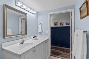 A bathroom with a white sink, a large mirror, and a dark blue door leading to a hallway. - Pups and Pints - Water View - We Love Dogs (Wilmington)