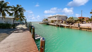 Un muelle de madera que conduce a un puerto deportivo con casas y palmeras al fondo.