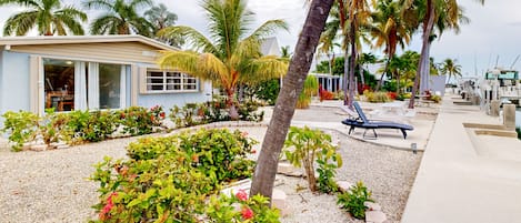 A beachfront property with a small building, palm trees, and a garden area.