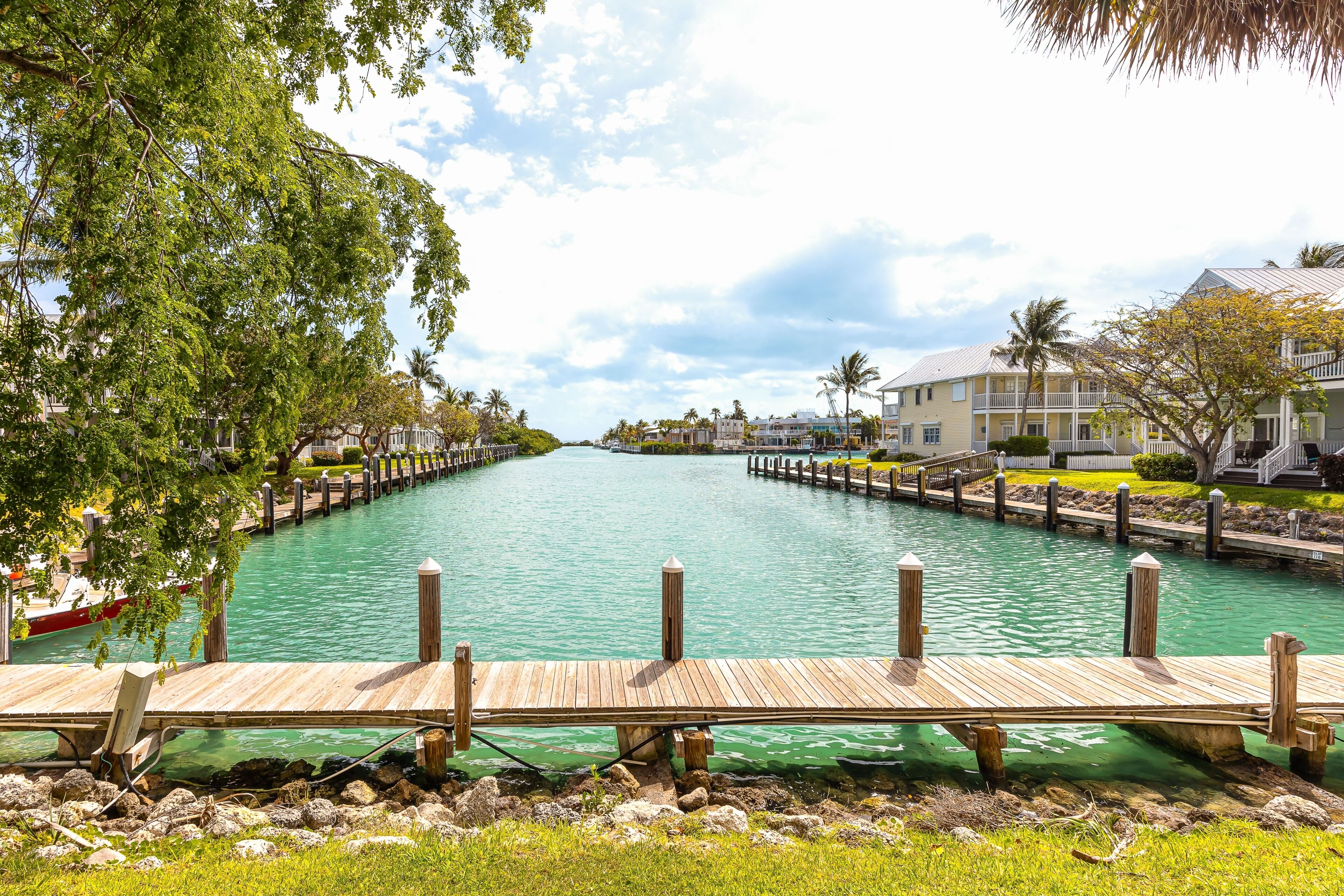 A wooden dock extending over a calm waterway, surrounded by lush greenery and residential buildings.