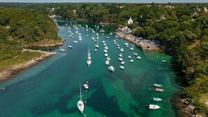 An aerial view of a marina with numerous boats docked, surrounded by lush greenery and a few buildings.