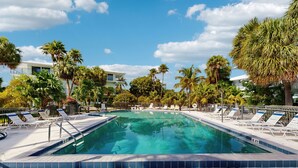 A rectangular swimming pool with a tiled edge, surrounded by lounge chairs and palm trees, with a clear blue sky above. - Oceanside condo with heated pool, tennis courts & great location (Marathon)