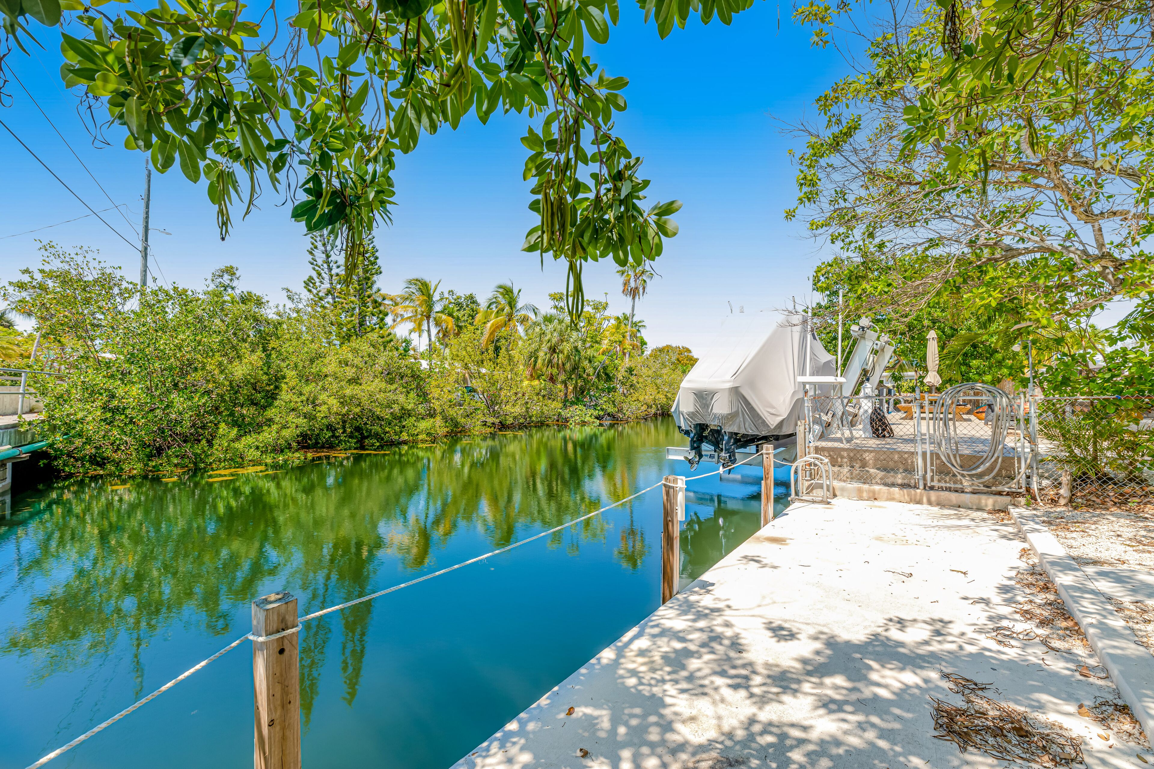 A dock extending into a calm river with lush greenery and a clear blue sky.