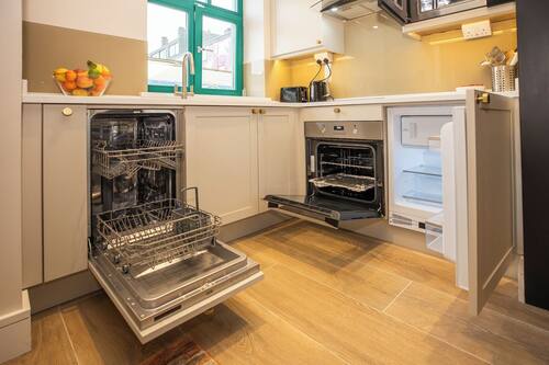 Deluxe Apartment, 2 Bedrooms, City View | Private kitchen | Mini-fridge, microwave, oven, stovetop