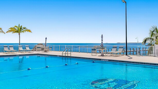 A clear blue swimming pool with lounge chairs and a palm tree, surrounded by a fence and a street lamp. - Gulfside condo with gorgeous views, shared pool, WiFi, & close to attractions (Marathon)