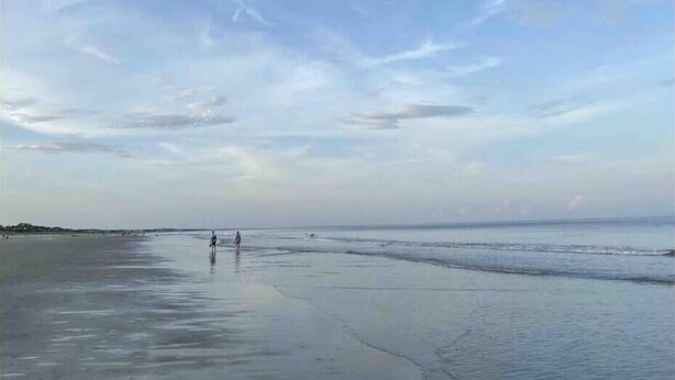 Ein Strand mit blauem Himmel und ruhigem Wasser.