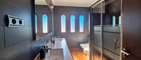Shower, hair dryer, bidet, towels