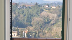 Ein Balkon mit Tisch und Stühlen, einem Blumentopf und Blick auf eine hügelige Landschaft mit Gebäuden.
