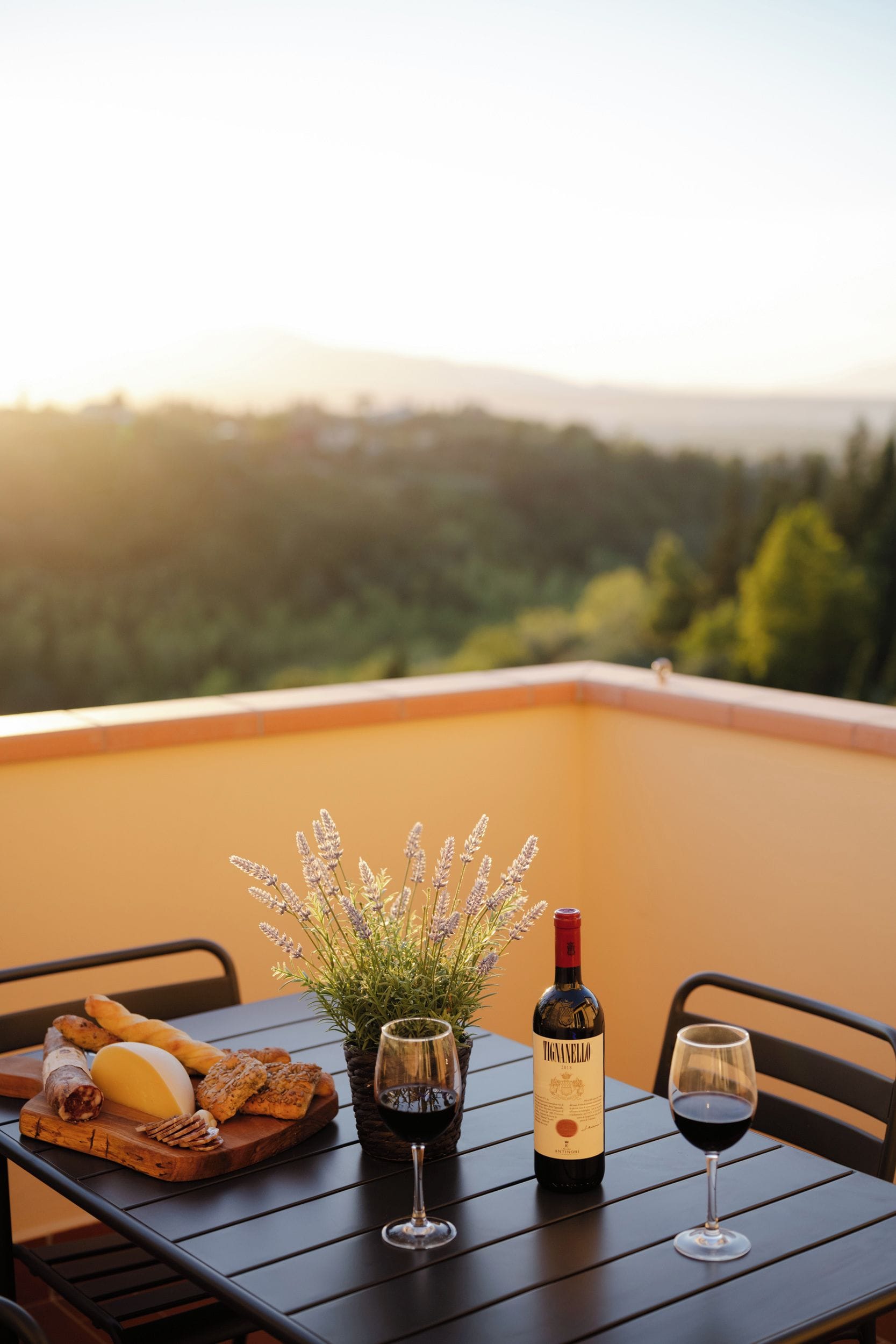 Un tavolo con una bottiglia di vino, due bicchieri, una pianta in vaso e un tagliere con cibo.
