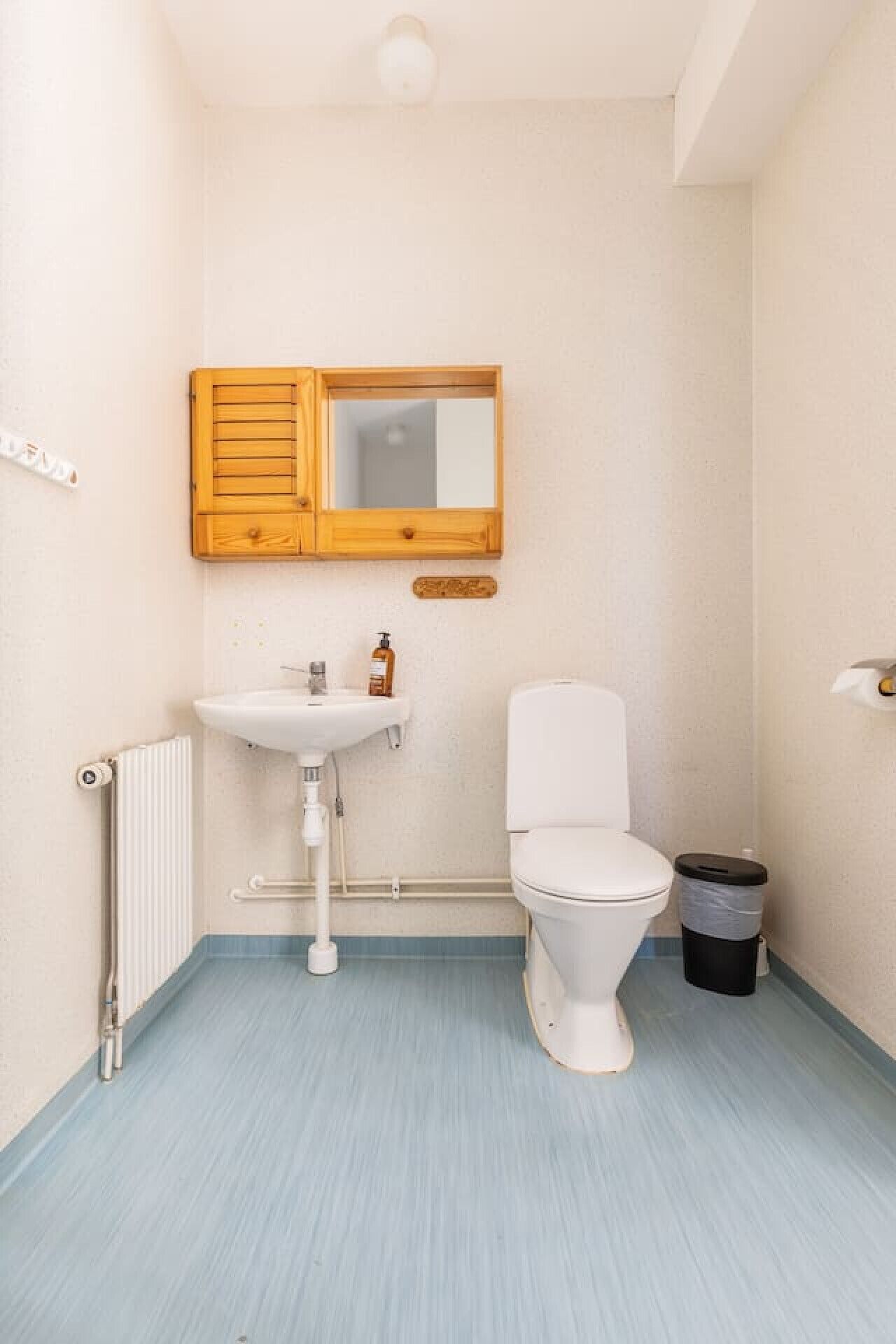 Een kleine badkamer met een witte wasbak, toilet, houten medicijnkastje en een radiator.