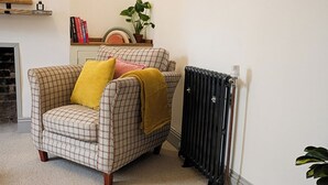 Ein Wohnzimmer mit einem karierten Sofa, einem Heizkörper, einem Spiegel und einer Pflanze.