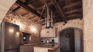 A rustic kitchen with a stone wall, wooden ceiling beams, a stainless steel refrigerator, wooden cabinets, and a hanging light fixture. - Vertigo Stone Villa - Roumeli Private Pool Escape (Mylopotamos)