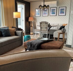 Smart TV, fireplace, books