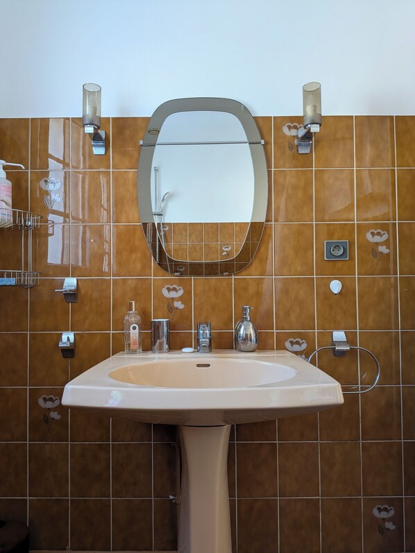 A bathroom with a sink, mirror, and various toiletries. - Family home in Parc-Vallière neighborhood, near Royan beach (Royan)