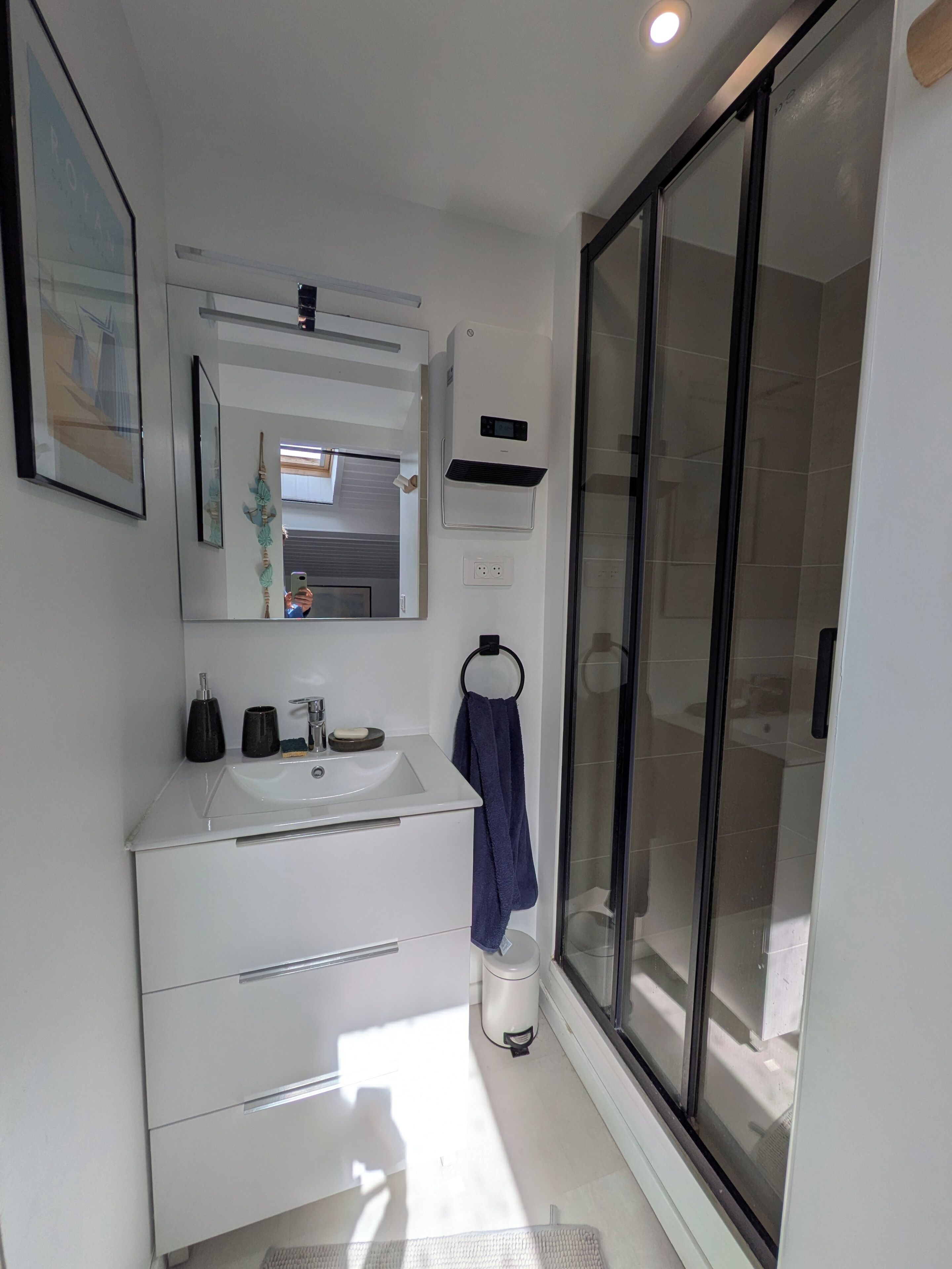 Shower, hair dryer, bidet, towels