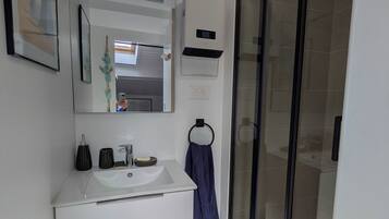 Shower, hair dryer, bidet, towels