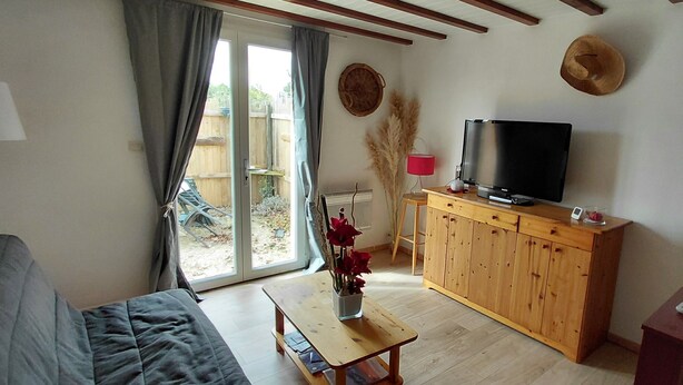 Un salon comprenant un canapé, un meuble en bois, un téléviseur et une porte-fenêtre coulissante donnant sur un jardin.