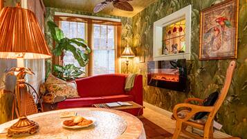 Smart TV, fireplace, books