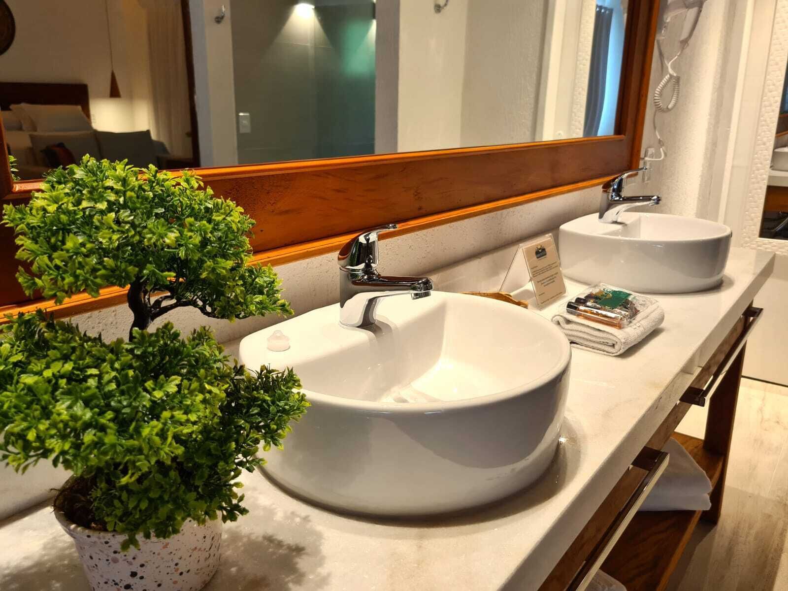 A bathroom with two round white sinks, a large mirror, and a small potted plant.