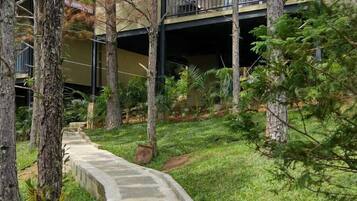 A pathway leading to a building surrounded by trees.