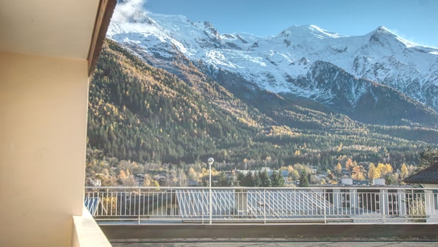 Paisaje montañoso con picos nevados, un valle boscoso y un puente con barandilla.