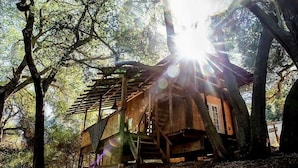 A treehouse with a wooden exterior, a staircase, and a small window.