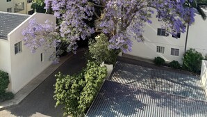A building with a flat roof, surrounded by trees with purple flowers. - Jozi Muse: Retro Oasis in the Heart of Sandton (Sandton)