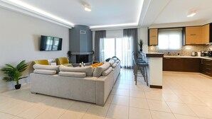 Een moderne woonkamer met een bank, een flatscreen-televisie, een open haard en een keuken met een bar.