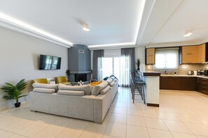 Ein modernes Wohnzimmer mit Sofa, Flachbildfernseher, Kamin und einer Küchenzeile mit Bar.
