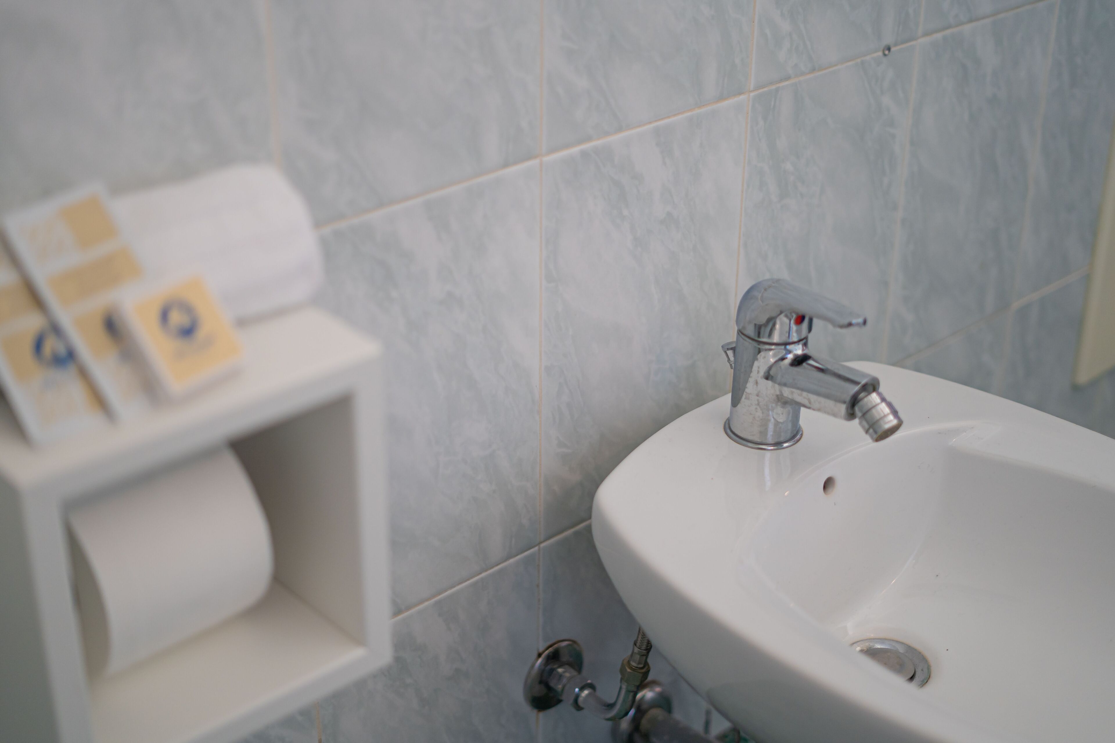 A bathroom with a white sink, a mirror, and a toilet paper holder with toilet paper.