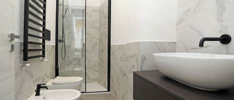 Shower, hair dryer, bidet, towels