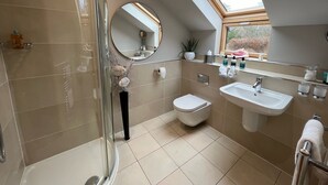 Une salle de bain moderne dotée d’une douche à parois de verre, d’un puits de lumière, d’un miroir rond, de toilettes et d’un lavabo avec des articles de toilette.