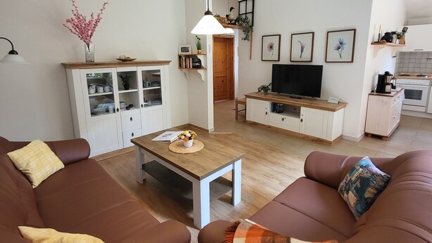 A modern living room with brown leather sofas, a wooden coffee table, a TV, and a kitchen area in the background. - Haus Teelke vacation home in an idyllic location directly on the river (Papenburg)
