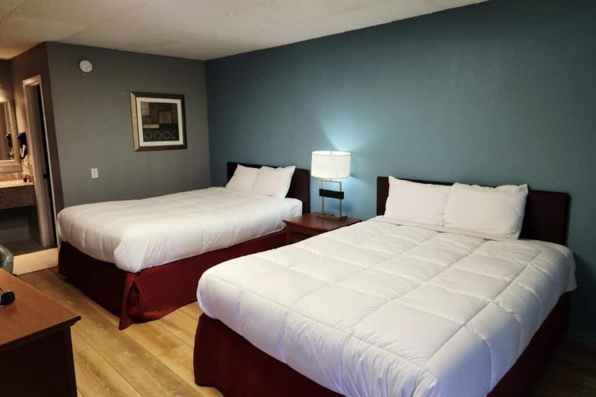 A hotel room with two beds, a nightstand, a lamp, and a framed picture on the wall.