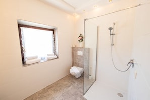 A bathroom with a toilet, a shower, and a window with towels.